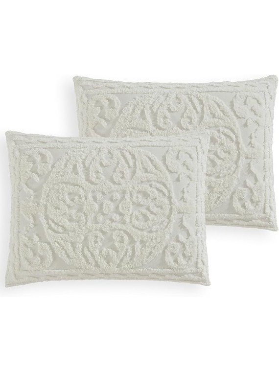 Medallion Tufted Chenille Comforter 3-Piece Set, Cotton, All Season Cozy Bedding, King, Ivory