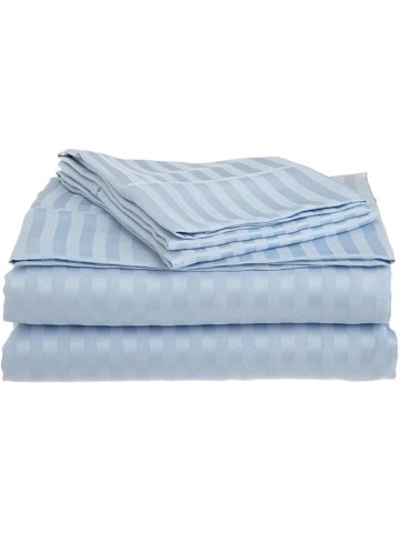 Damask Stripe Olympic Queen Size 7-Piece Duvet Cover and Bed Sheet Set 28 Inch Deep Pocket - Complete Luxury Soft 1000 Thread Count 100% Egyptian Cotton Bedding Set - Light Blue