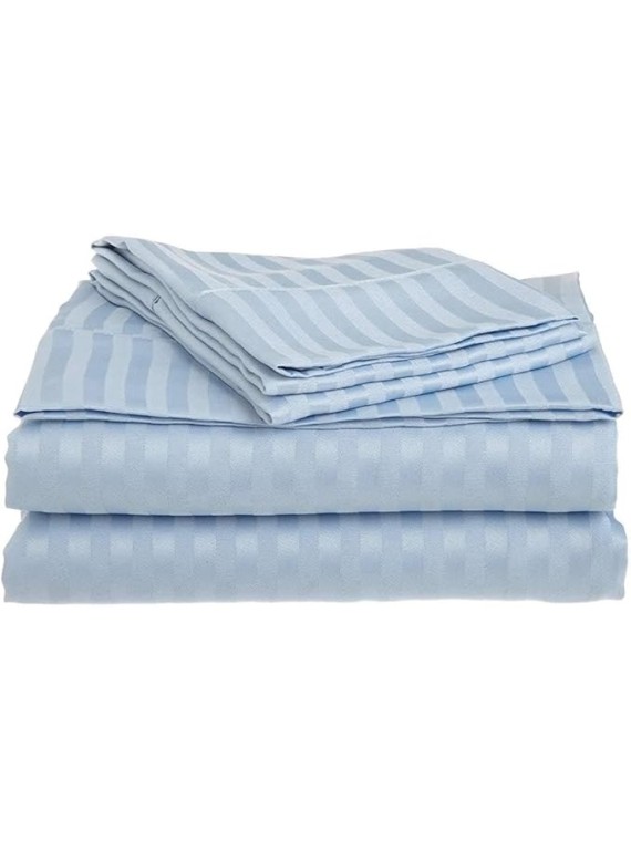 Damask Stripe Olympic Queen Size 7-Piece Duvet Cover and Bed Sheet Set 28 Inch Deep Pocket - Complete Luxury Soft 1000 Thread Count 100% Egyptian Cotton Bedding Set - Light Blue
