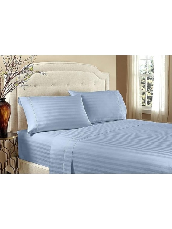 Damask Stripe Olympic Queen Size 7-Piece Duvet Cover and Bed Sheet Set 28 Inch Deep Pocket - Complete Luxury Soft 1000 Thread Count 100% Egyptian Cotton Bedding Set - Light Blue