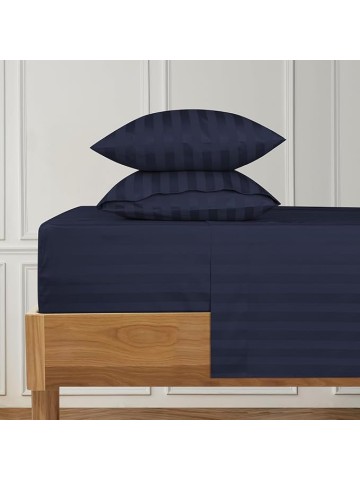 Damask Stripe Olympic Queen Size 5 Pieces Duvet Cover Set (20 inch Deep Pocket Sheet Set and Duvet Cover with Zipper Closure & Ties) 1000 Thread Count 100% Egyptian Cotton - Navy Blue Striped