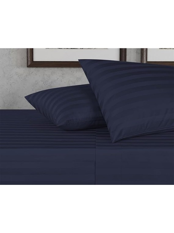 Damask Stripe Olympic Queen Size 5 Pieces Duvet Cover Set (20 inch Deep Pocket Sheet Set and Duvet Cover with Zipper Closure & Ties) 1000 Thread Count 100% Egyptian Cotton - Navy Blue Striped