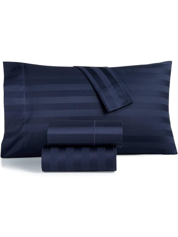 Damask Stripe Olympic Queen Size 5 Pieces Duvet Cover Set (20 inch Deep Pocket Sheet Set and Duvet Cover with Zipper Closure & Ties) 1000 Thread Count 100% Egyptian Cotton - Navy Blue Striped