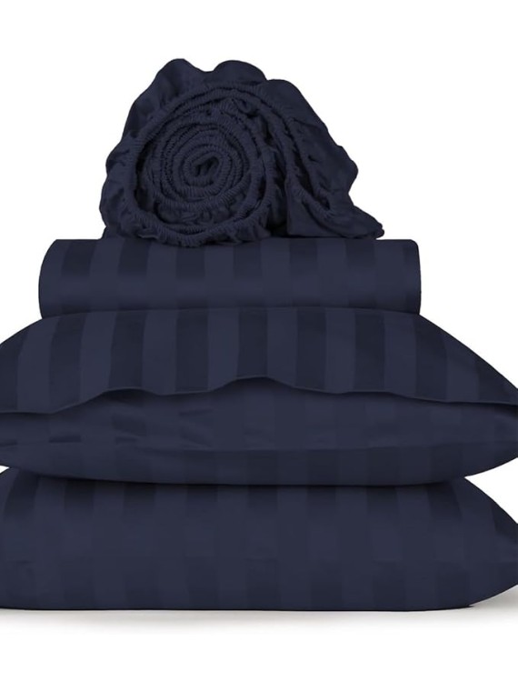 Damask Stripe Olympic Queen Size 5 Pieces Duvet Cover Set (20 inch Deep Pocket Sheet Set and Duvet Cover with Zipper Closure & Ties) 1000 Thread Count 100% Egyptian Cotton - Navy Blue Striped
