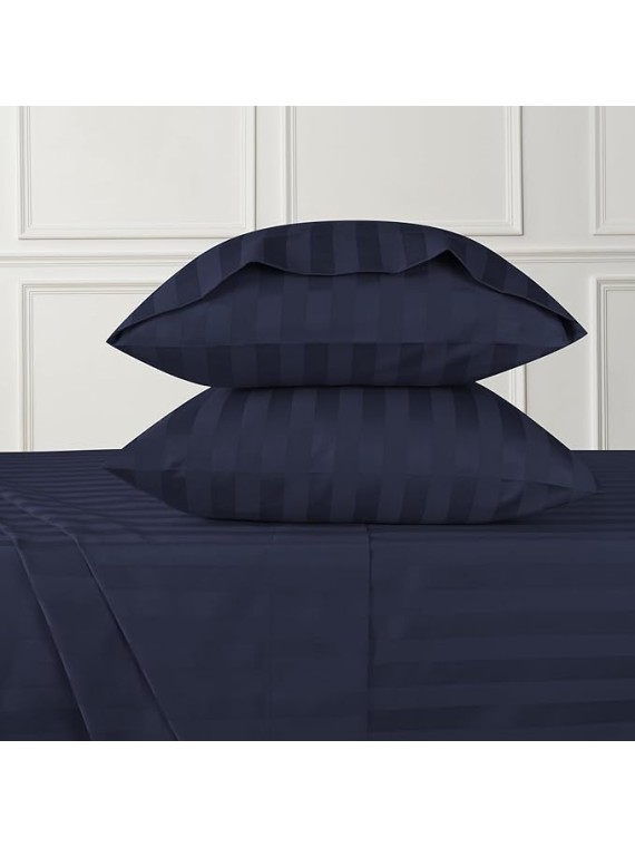 Damask Stripe Olympic Queen Size 5 Pieces Duvet Cover Set (20 inch Deep Pocket Sheet Set and Duvet Cover with Zipper Closure & Ties) 1000 Thread Count 100% Egyptian Cotton - Navy Blue Striped