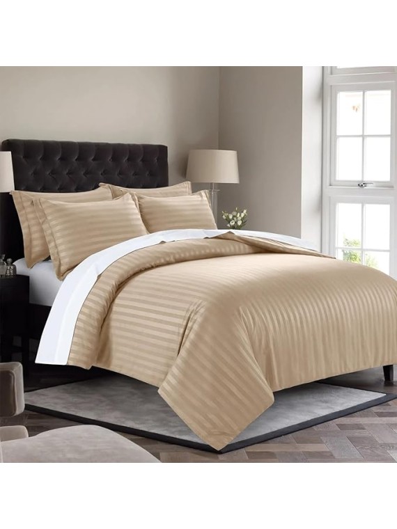 Damask Striped Olympic Queen Size 8 Piece Bedding Set (4 Pc Sheet Set 21 inch deep pocket + 3 Pc Duvet Cover Set + 1 Pc Bed Skirt) Hotel Luxury 1000 Thread Count 100% Egyptian Cotton - Beige