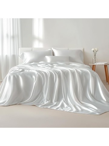 Olympic Queen Size 4-Piece Sheet Set Glamorous 14 Momme Mulberry Silk Sheets Fits 14-18" Deep Pocket - Ultimate Sleep Experience in Pure Silk (Solid, White)