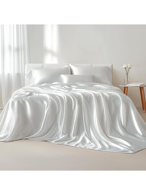 Olympic Queen Size 4-Piece Sheet Set Glamorous 14 Momme Mulberry Silk Sheets Fits 14-18" Deep Pocket - Ultimate Sleep Experience in Pure Silk (Solid, White)