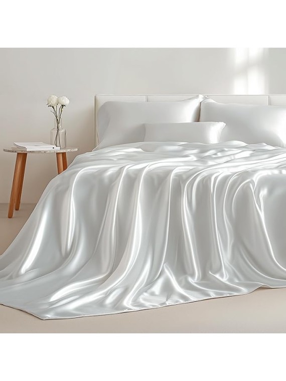 Olympic Queen Size 4-Piece Sheet Set Glamorous 14 Momme Mulberry Silk Sheets Fits 14-18" Deep Pocket - Ultimate Sleep Experience in Pure Silk (Solid, White)