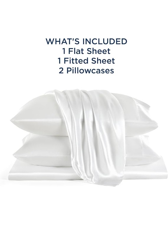 Olympic Queen Size 4-Piece Sheet Set Glamorous 14 Momme Mulberry Silk Sheets Fits 14-18" Deep Pocket - Ultimate Sleep Experience in Pure Silk (Solid, White)