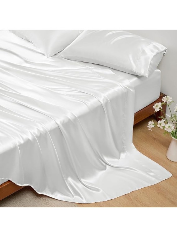 Olympic Queen Size 4-Piece Sheet Set Glamorous 14 Momme Mulberry Silk Sheets Fits 14-18" Deep Pocket - Ultimate Sleep Experience in Pure Silk (Solid, White)
