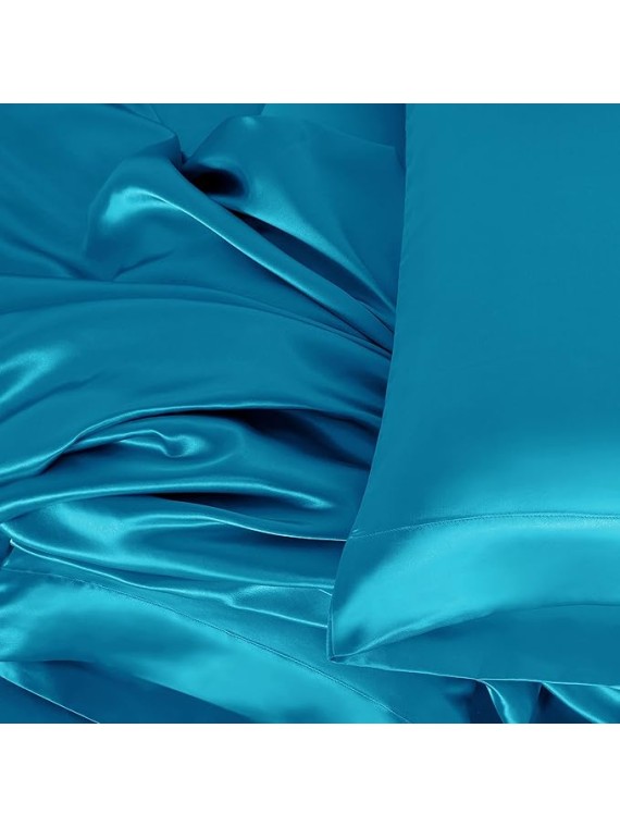 Olympic Queen Size 4-Piece Sheet Set Glamorous 14 Momme Mulberry Silk Sheets Fits 27-32" Deep Pocket - Ultimate Sleep Experience in Pure Silk (Solid, Turquoise)