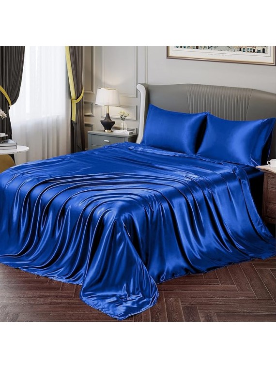 Olympic Queen Size 4-Piece Sheet Set Glamorous 14 Momme Mulberry Silk Sheets Fits 19-22" Deep Pocket - Ultimate Sleep Experience in Pure Silk (Solid, Royal Blue)