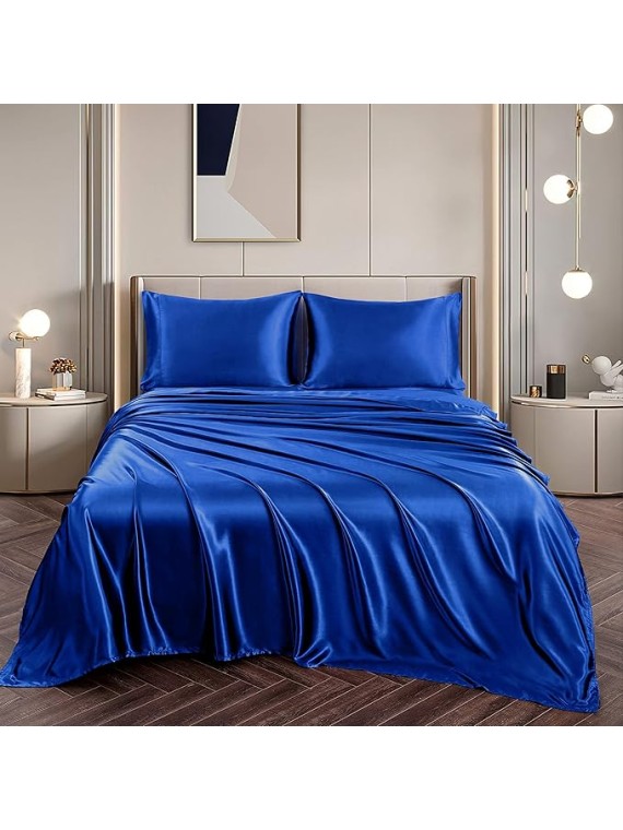 Olympic Queen Size 4-Piece Sheet Set Glamorous 14 Momme Mulberry Silk Sheets Fits 19-22" Deep Pocket - Ultimate Sleep Experience in Pure Silk (Solid, Royal Blue)