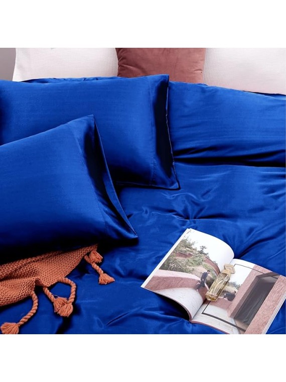 Olympic Queen Size 4-Piece Sheet Set Glamorous 14 Momme Mulberry Silk Sheets Fits 19-22" Deep Pocket - Ultimate Sleep Experience in Pure Silk (Solid, Royal Blue)
