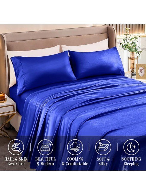 Olympic Queen Size 4-Piece Sheet Set Glamorous 14 Momme Mulberry Silk Sheets Fits 19-22" Deep Pocket - Ultimate Sleep Experience in Pure Silk (Solid, Royal Blue)
