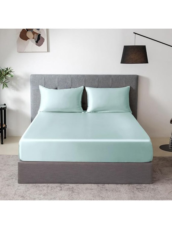 Olympic Queen Size 4-Piece Sheet Set Glamorous 14 Momme Mulberry Silk Sheets Fits 23-26" Deep Pocket - Ultimate Sleep Experience in Pure Silk (Solid, Light Blue)