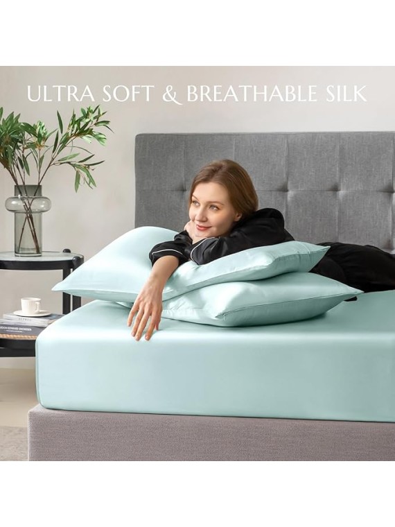 Olympic Queen Size 4-Piece Sheet Set Glamorous 14 Momme Mulberry Silk Sheets Fits 23-26" Deep Pocket - Ultimate Sleep Experience in Pure Silk (Solid, Light Blue)