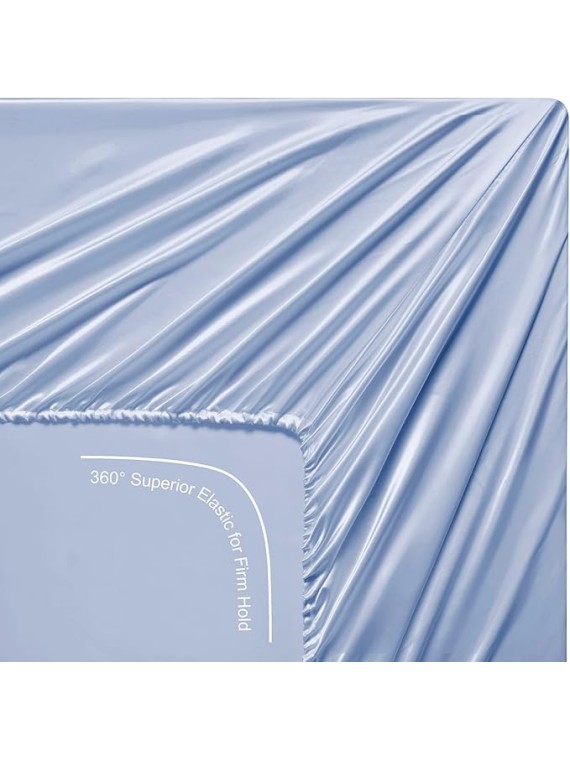 Olympic Queen Size 4-Piece Sheet Set Glamorous 14 Momme Mulberry Silk Sheets Fits 23-26" Deep Pocket - Ultimate Sleep Experience in Pure Silk (Solid, Light Blue)