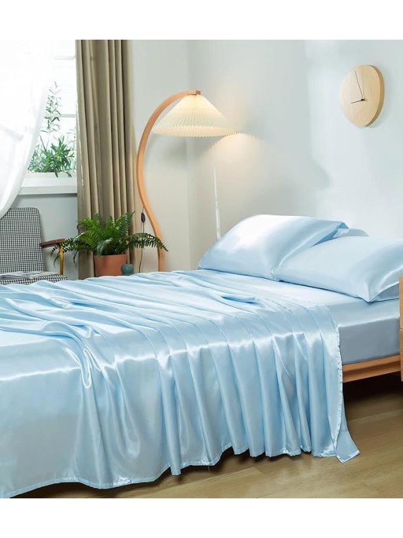 Olympic Queen Size 4-Piece Sheet Set Glamorous 14 Momme Mulberry Silk Sheets Fits 23-26" Deep Pocket - Ultimate Sleep Experience in Pure Silk (Solid, Light Blue)