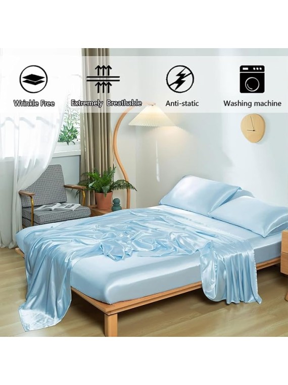 Olympic Queen Size 4-Piece Sheet Set Glamorous 14 Momme Mulberry Silk Sheets Fits 23-26" Deep Pocket - Ultimate Sleep Experience in Pure Silk (Solid, Light Blue)