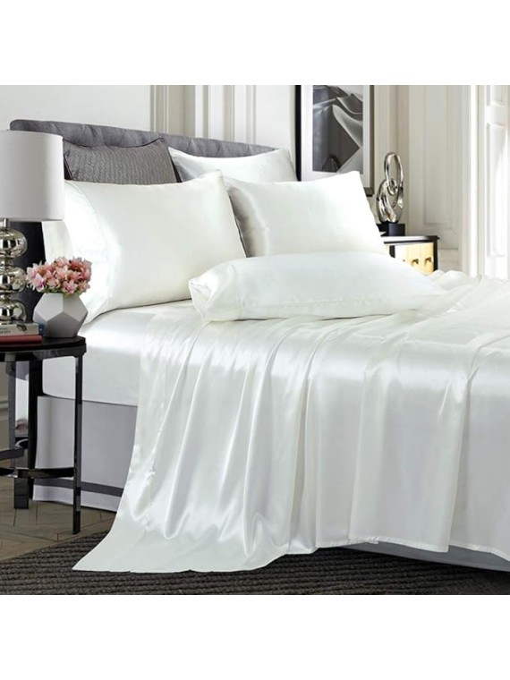 Olympic Queen Size 4-Piece Sheet Set Glamorous 14 Momme Mulberry Silk Sheets Fits 23-26" Deep Pocket - Ultimate Sleep Experience in Pure Silk (Solid, Light Blue)
