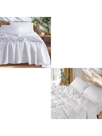100% French Pure Linen Sheets and 100% French Linen Duvet Cover, Soft Breathable for Hot Sleepers, Moisture Wicking & Durable (White,Queen)