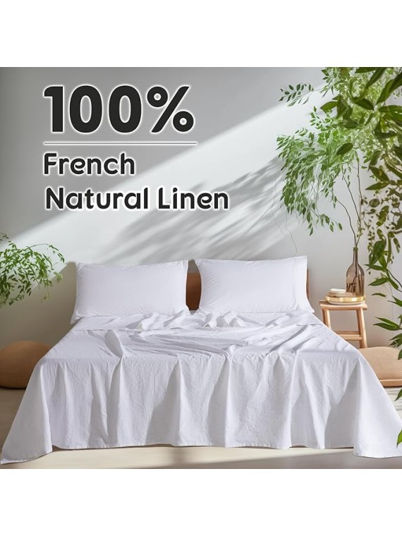 100% French Pure Linen Sheets and 100% French Linen Duvet Cover, Soft Breathable for Hot Sleepers, Moisture Wicking & Durable (White,Queen)