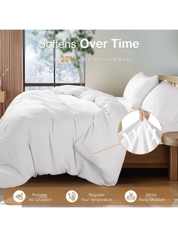 100% French Pure Linen Sheets and 100% French Linen Duvet Cover, Soft Breathable for Hot Sleepers, Moisture Wicking & Durable (White,Queen)