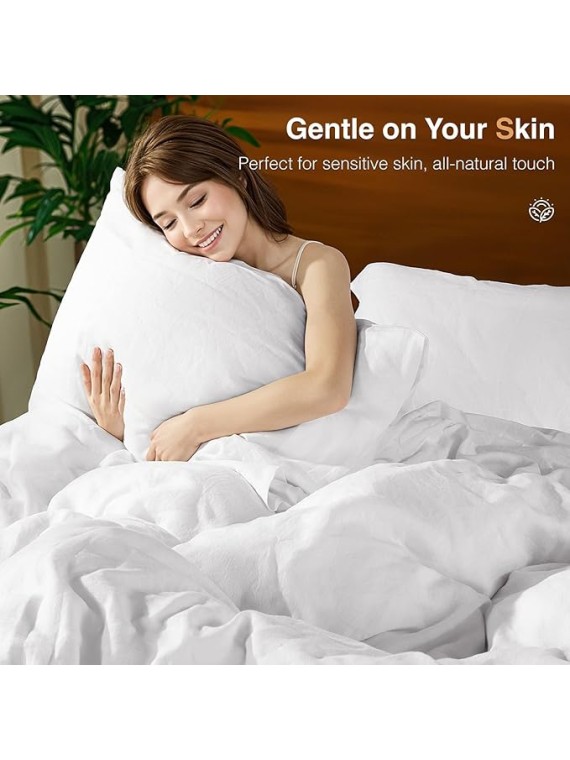 100% French Pure Linen Sheets and 100% French Linen Duvet Cover, Soft Breathable for Hot Sleepers, Moisture Wicking & Durable (White,Queen)