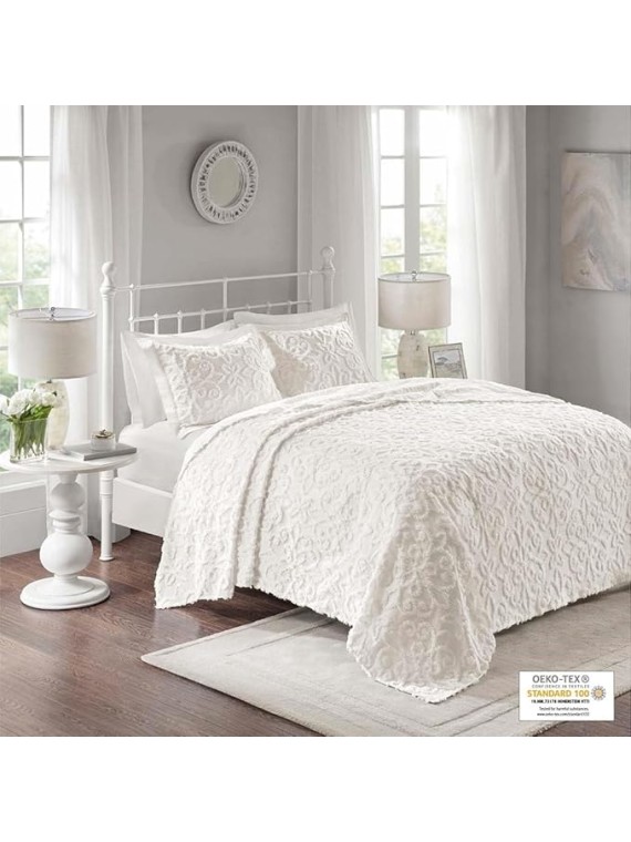 Cozy and Charming 3 Piece Cotton Chenille Bedspread Set for King/Cal King Beds, Tufted Floral Medallion Design, Off-White