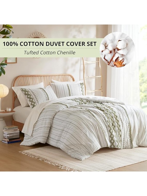 King Duvet Cover Set Boho Chenille Tufted Cotton Duvet Cover for King Size Bed, All Season King Size Bedding Cover, Matching Shams, Imani, King/Cal King Sage Green/Ivory 3 Piece