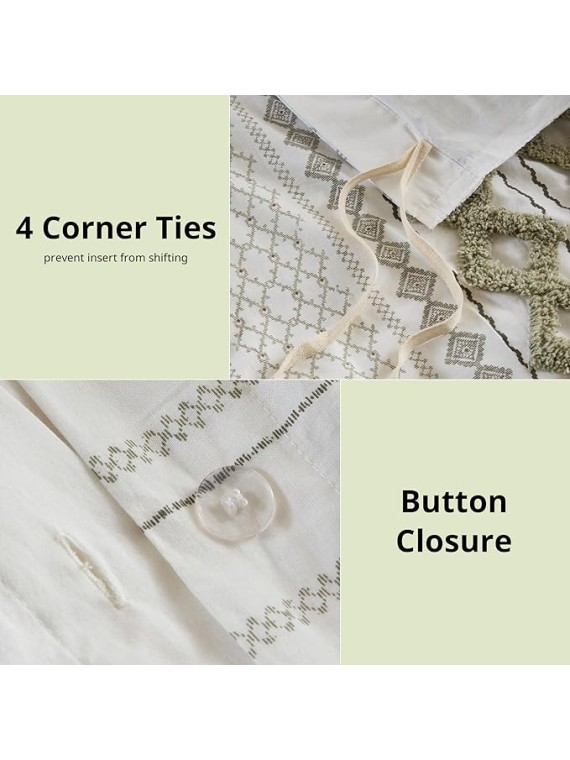 King Duvet Cover Set Boho Chenille Tufted Cotton Duvet Cover for King Size Bed, All Season King Size Bedding Cover, Matching Shams, Imani, King/Cal King Sage Green/Ivory 3 Piece