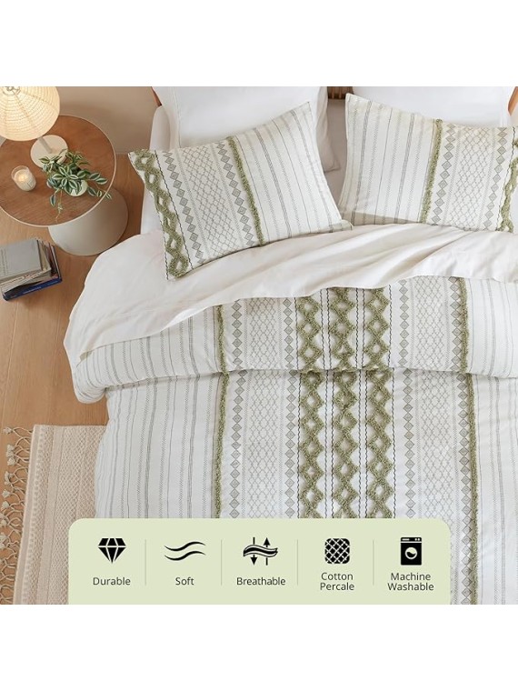 King Duvet Cover Set Boho Chenille Tufted Cotton Duvet Cover for King Size Bed, All Season King Size Bedding Cover, Matching Shams, Imani, King/Cal King Sage Green/Ivory 3 Piece