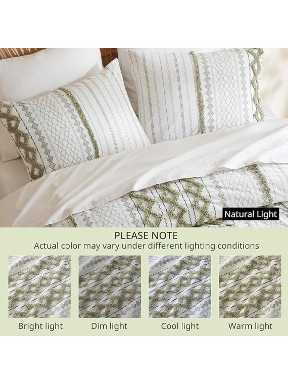 King Duvet Cover Set Boho Chenille Tufted Cotton Duvet Cover for King Size Bed, All Season King Size Bedding Cover, Matching Shams, Imani, King/Cal King Sage Green/Ivory 3 Piece