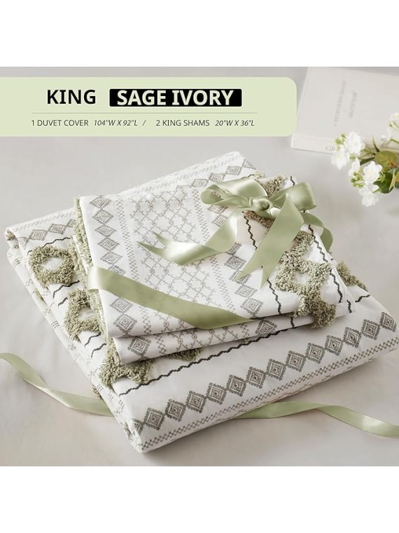 King Duvet Cover Set Boho Chenille Tufted Cotton Duvet Cover for King Size Bed, All Season King Size Bedding Cover, Matching Shams, Imani, King/Cal King Sage Green/Ivory 3 Piece