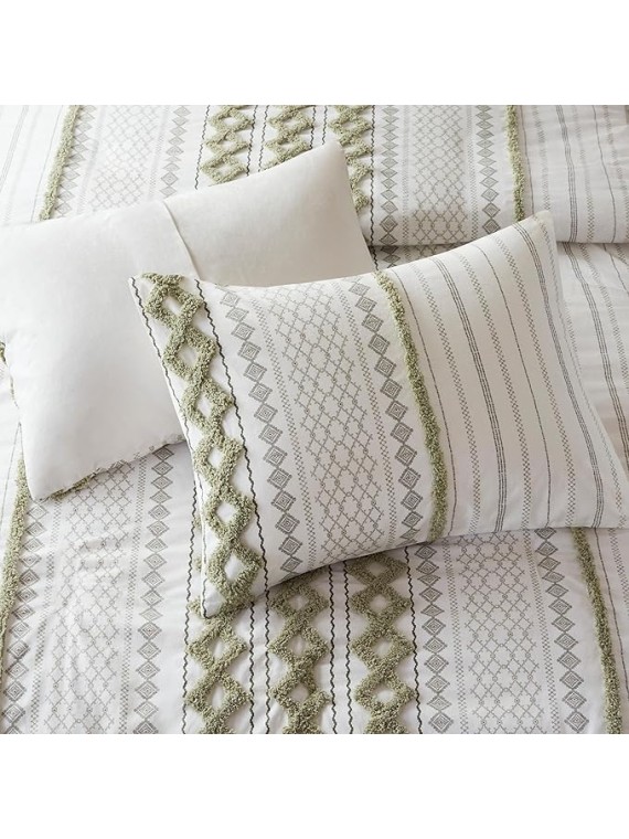 King Duvet Cover Set Boho Chenille Tufted Cotton Duvet Cover for King Size Bed, All Season King Size Bedding Cover, Matching Shams, Imani, King/Cal King Sage Green/Ivory 3 Piece