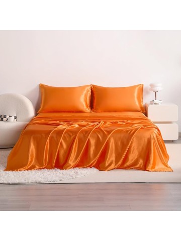 Cloud-Like Comfort RV King Size 4-Piece Sheet Set 22 Momme Mulberry Silk Bed Sheets Set Fits 23-26" Deep Pocket - Luxury Gift for Loved Ones (Solid, Orange)