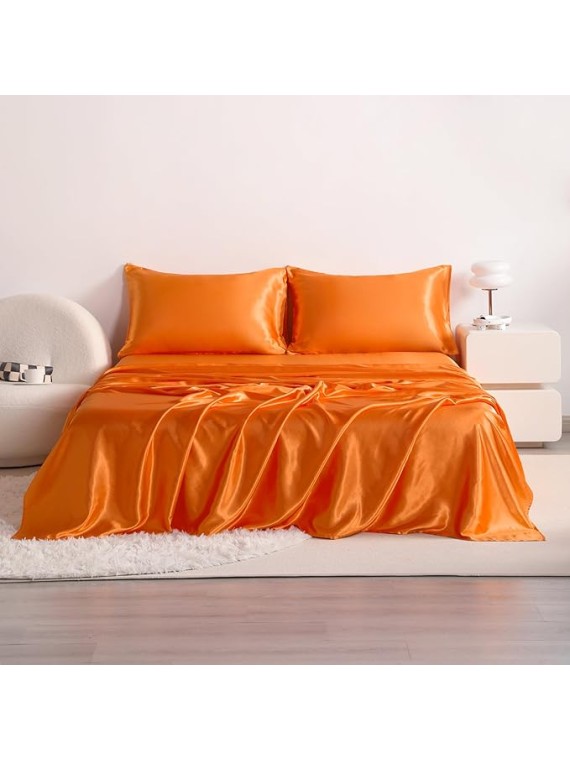 Cloud-Like Comfort RV King Size 4-Piece Sheet Set 22 Momme Mulberry Silk Bed Sheets Set Fits 23-26" Deep Pocket - Luxury Gift for Loved Ones (Solid, Orange)