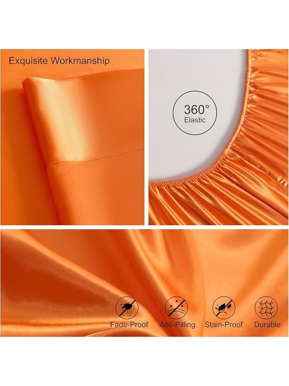 Cloud-Like Comfort RV King Size 4-Piece Sheet Set 22 Momme Mulberry Silk Bed Sheets Set Fits 23-26" Deep Pocket - Luxury Gift for Loved Ones (Solid, Orange)
