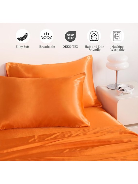 Cloud-Like Comfort RV King Size 4-Piece Sheet Set 22 Momme Mulberry Silk Bed Sheets Set Fits 23-26" Deep Pocket - Luxury Gift for Loved Ones (Solid, Orange)
