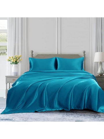 King Size 22 Momme Mulberry Silk Bedding Set - 6-Piece Luxury (4 Pillowcases, 1 Fitted Sheet, 1 Flat Sheet) Fits 24-26" Deep Pocket (Solid, Turquoise)