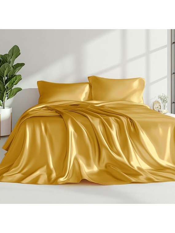 King Size 6 Piece Sheet Set 16 Momme Mulberry 7A+ Silk Luxuriously Bed Sheets (1 Flat Sheet,1 Fitted Sheet,4 Pillow Cases) Fits 24-26" Deep Pocket (Solid, Gold)