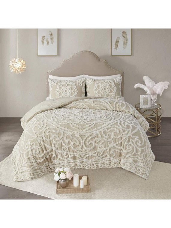 Tufted Cotton Chenille Medallion Comforter Set for King/Cal King Bed All-Season Use, Taupe