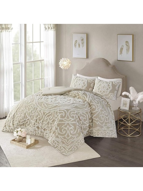 Tufted Cotton Chenille Medallion Comforter Set for King/Cal King Bed All-Season Use, Taupe