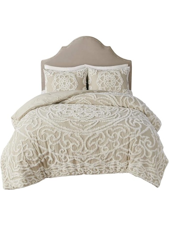 Tufted Cotton Chenille Medallion Comforter Set for King/Cal King Bed All-Season Use, Taupe
