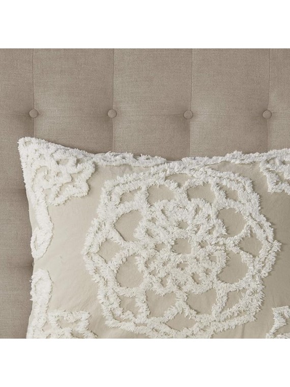 Tufted Cotton Chenille Medallion Comforter Set for King/Cal King Bed All-Season Use, Taupe
