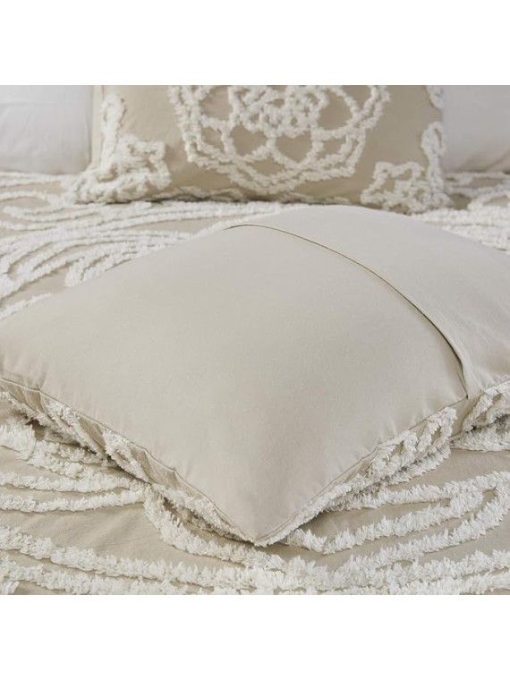 Tufted Cotton Chenille Medallion Comforter Set for King/Cal King Bed All-Season Use, Taupe