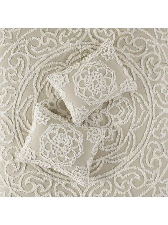 Tufted Cotton Chenille Medallion Comforter Set for King/Cal King Bed All-Season Use, Taupe