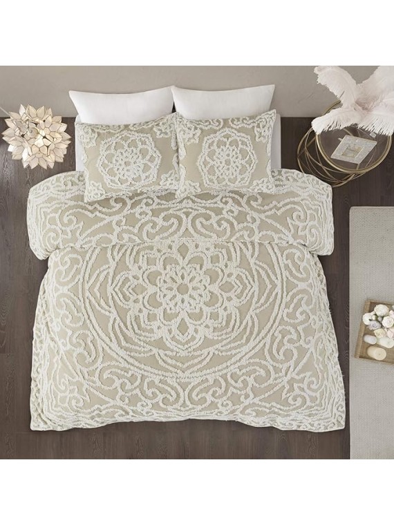 Tufted Cotton Chenille Medallion Comforter Set for King/Cal King Bed All-Season Use, Taupe